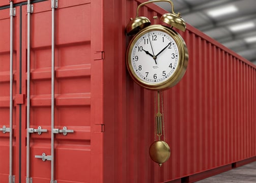 Shipping container with clock showing timely delivery.