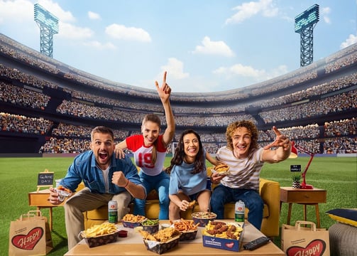 a group of people sitting on a couch in a stadium