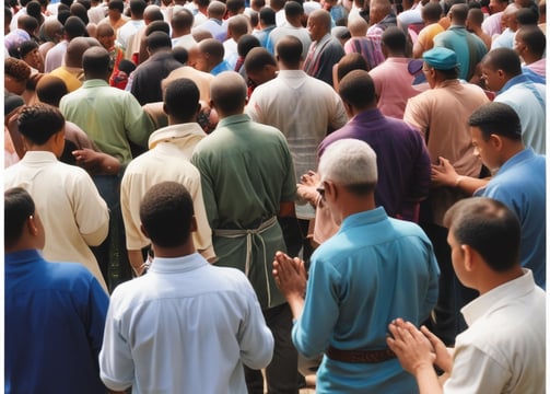 A group of people, predominantly men, are engaged in a moment of prayer or reflection. One individual wears a camouflage uniform with a white belt, raising both hands, conveying a sense of devotion. Others are dressed in yellow jackets and traditional hats. Their expressions range from focused to emotional, with hands clasped or raised. The setting has a rustic backdrop with wooden and corrugated metal elements.