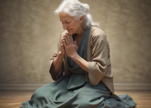 A group of people are standing together under a white canopy adorned with string lights. One person is positioned in the center with closed eyes and clasped hands, possibly in a moment of reflection or prayer. A lush garden and a house are visible in the background.