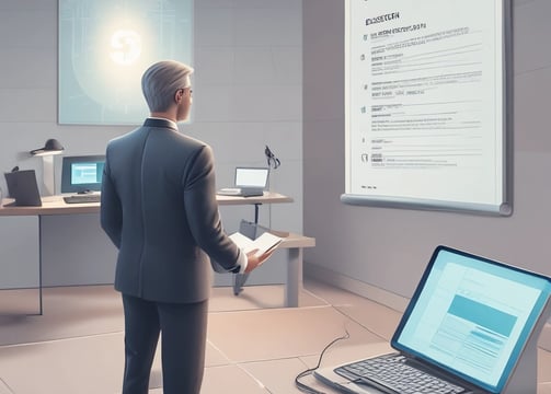 A man wearing a suit sits at a desk, concentrating on the documents in front of him. The desk has a microphone, a telephone, and some papers. The background includes a wall with several sheets of paper posted on it and a door.