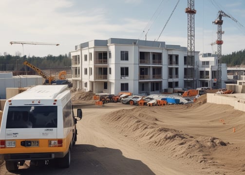 construction site. In the forefront, there's a blue temporary office or trailer. A crane towers in the background, indicating ongoing construction activities.