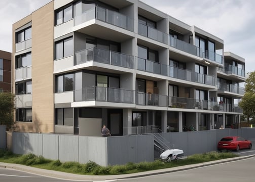 A large-scale construction project is underway, featuring a partially completed building with modern architectural elements. Tall cranes are positioned around the site, and scaffolding is visible on an unfinished structure. The foreground shows a crane vehicle, and the surrounding area is filled with metal beams and construction materials. Leafless trees frame the upper part of the image.