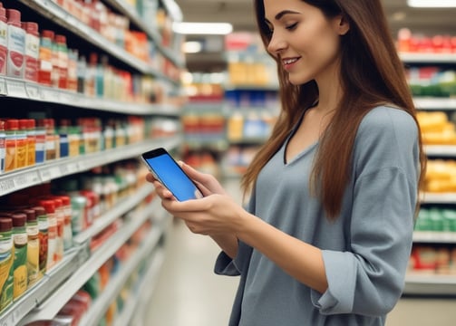 A modern retail checkout setup featuring a digital tablet on a stand displaying information, alongside a card payment terminal and a receipt printer. In the background, several people interact in a busy store environment, with some blurred movement suggesting activity.