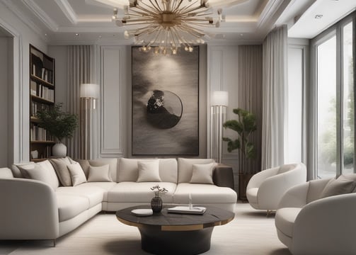 A modern interior space featuring a mix of minimalist and contemporary design elements. A round table with a marble top holds a teacup and bowl, accompanied by a dark chair. A wooden floor extends throughout the room. A tall shelf unit holds various decorative items, books, and personal mementoes. A desk with a chair is situated by a large window with sheer curtains, allowing natural light to flood the space. Pendant lights hang from the ceiling, and a geometric wall decoration adds interest.