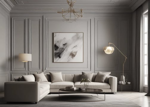 A laptop displaying a webpage with several interior design images is placed on a wooden table. Behind it, a gray couch and a round mirror on the wall can be seen, suggesting a cozy room setup. Soft lighting filters through sheer curtains in the background.