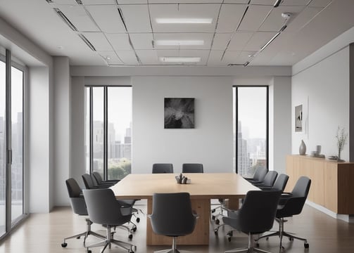 A dimly lit room features a prominent illuminated sign displaying the words 'Sysco LABS.' Below the sign are office desks with various electronic devices, including laptops and cables. The lighting creates a cool and professional atmosphere.