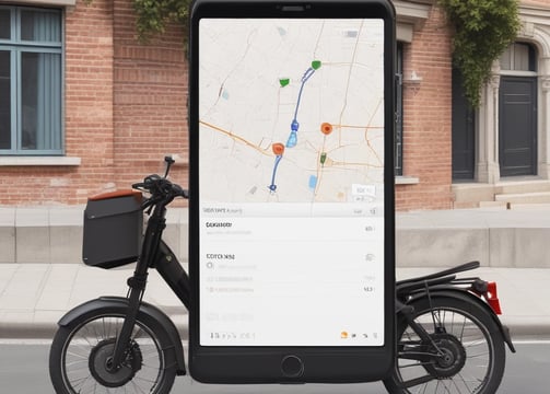 A green e-scooter is parked near a small white delivery robot with 'Starship' branding on it. The scooter and robot are on a sidewalk next to an orange utility box and a street. Behind them is a parked black car and trees lining the street.