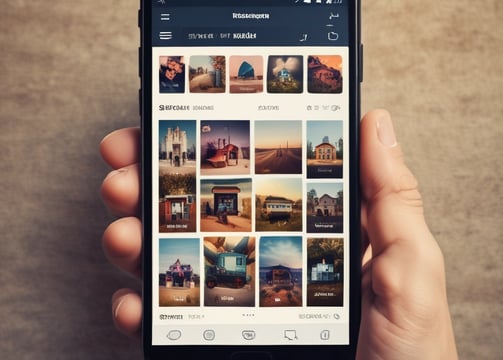 A smartphone displays analytics data with graphs showing views, downloads, and likes. It is resting vertically on a white dock next to a small potted succulent plant. In the background, a large computer monitor is partially visible, along with a closed laptop and a white wireless earbud case.