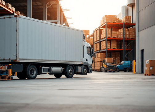 a box truck delivering freight at a warehouse