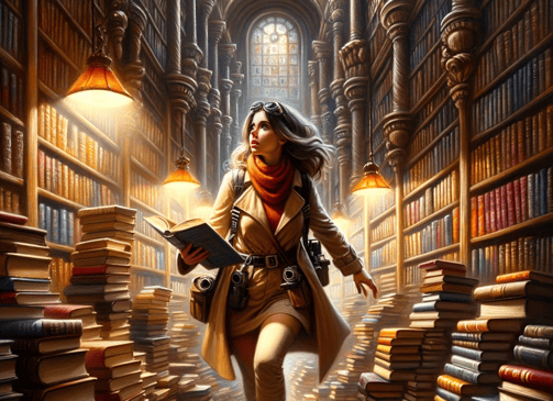 a woman in a trench coat is walking through a library