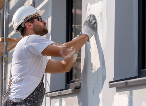 Maler spachtelt Fassade