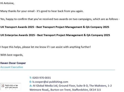 Double award from "AI Global Media - SME News" british economical media