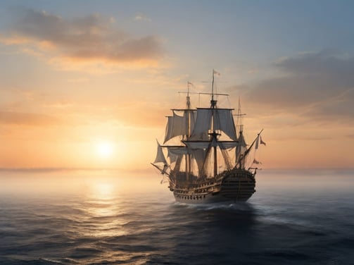 a ship sailing on the ocean at sunset