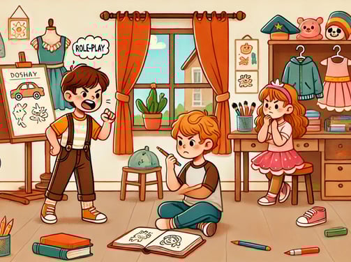 Kids role-play emotions and responses, one drawing in a journal, another acting calmly in a playful learning space.