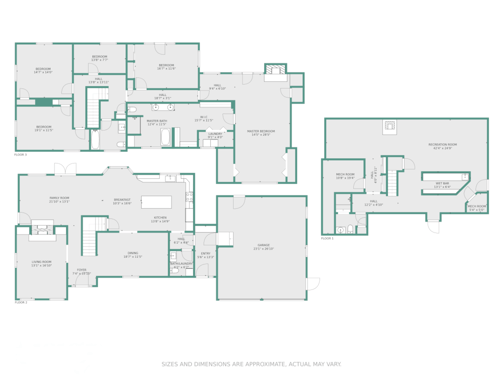 Floor plan of a multi-floor apartment with dimensions, wall color and theme color.