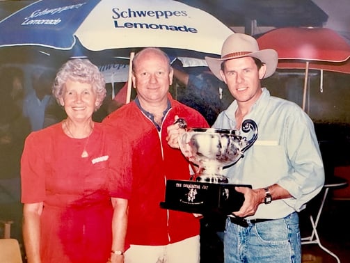 Joan Pickering, Laurie Connell & Peter Pickering with The Burlington Cup polo trophy