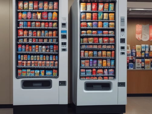 A row of vending machines is lined up on a sidewalk against a tiled wall. Each machine displays various drinks and snacks with colorful branding, including well-known beverages like Coca-Cola and Pocari Sweat. The setting appears urban, with typical street markings visible on the asphalt in front.