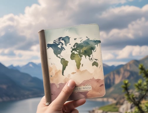A hand holds a passport cover with a watercolor world map design and the words 'See the world' written on it. The background features a scenic mountain view with a partially cloudy sky.