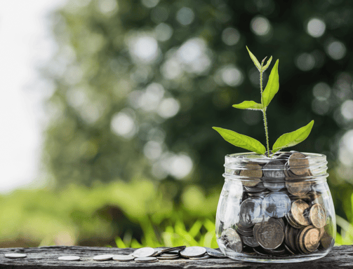 small coins on a bench with large full jar of coins with plant spouting from the jar symbol growth