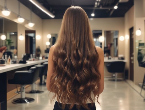 A person with long hair is in front of a mirror, seemingly styled for an occasion with a bright makeup look. They are holding a hair dryer and wearing a black outfit. The background shows a blurred garment, which is red with gold details, hanging on the wall.