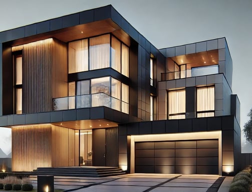 Fachada moderna de residência de luxo com design arquitetônico contemporâneo, grandes janelas de vid
