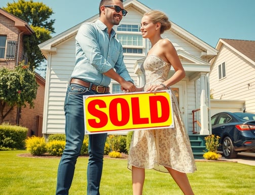 a man and woman standing in front of a sold sign