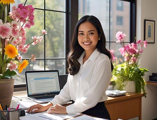a woman sitting at a desk with a laptop computer