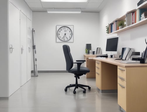 A rustic wooden building houses a laundromat with signs for wash, dry, and fold services. The signage prominently features red and blue text. Red cloth pieces are attached to antennas on the roof. The contrast between the blue sky, white clouds, and green foliage creates a quaint atmosphere.