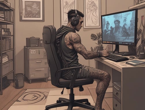 A person with long pink hair is sitting on a gaming chair, wearing a sailor-style outfit with tattoos visible on their arms. The room has dim lighting and there is a desk with a computer monitor and other tech equipment nearby. The interior has neutral-toned walls and decorations.