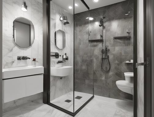 A modern bathroom with white marble-patterned walls and grey floor tiles. The space features a white toilet and a glass shower enclosure. Inside the shower are two hanging green plants, and various toiletries are visible on a small shelf.