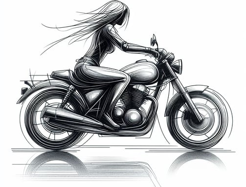 AI generated black and white sketch of woman on a motorbike