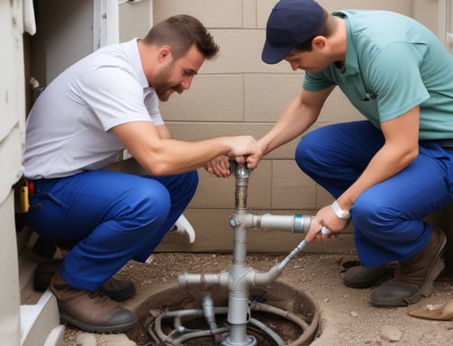two men in blue overalls inspecting a drainage system
