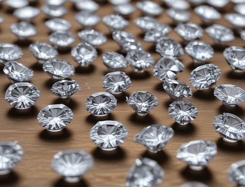 A woman with a gentle smile gazes intently at a large diamond placed on a table. The scene is captured in black and white, highlighting the contrast between the dark backdrop and the sparkling facets of the diamond.