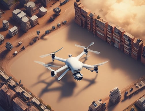 A large drone with multiple propellers is positioned on a patch of dry grass. It appears to be well-equipped, possibly for agricultural or industrial purposes, given its size and design. Behind the drone, there is a glimpse of a road and some solar panels, with a background of shrubs and trees under a clear blue sky.