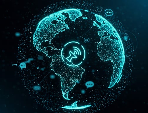 Skaitmeninė Žemė su ryšio ir bendravimo ikonų tinklu, simbolizuojanti globalius kontaktus.