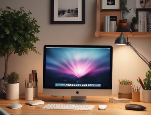 A modern, organized workspace featuring a large monitor displaying graphic design software alongside a laptop with a vibrant logo. A sleek keyboard and mouse are positioned on the desk, which also holds small decorative items and a desk lamp. A bookshelf with colorful books is visible nearby.