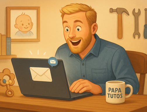 homme à barbe qui regarde son ordinateur avec un air surpris en recevant un email