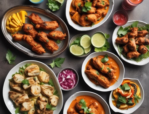 A lavish spread of Middle Eastern or South Asian cuisine is presented on a large metal tray. There are servings of yellow saffron rice and grilled chicken with a side of onions, garnished with lemon and fresh herbs. Two glasses of a yogurt-based drink, possibly lassi, are seen alongside. Additional side dishes include a bowl of green chili peppers and herbs, pickled vegetables, and a small bowl of olives. A large flatbread rests on the side, and the scene is set against a red patterned fabric.
