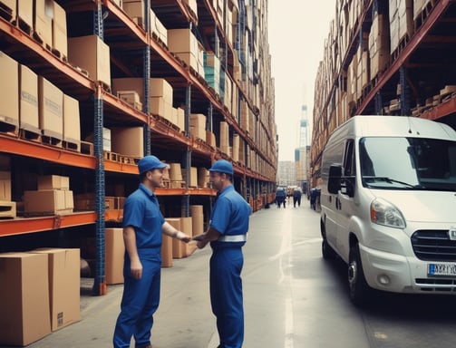 A person in a warehouse is transporting a large blue barrel on a red hand truck. The background includes stacks of cardboard boxes and pallets, with fluorescent lighting from above and a concrete floor.