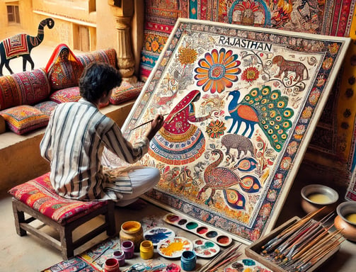 An artist paints a large, vibrant canvas depicting traditional Rajasthani motifs. The painting area is surrounded by colorful