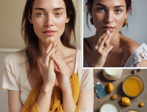 A selection of beauty products is displayed on a yellow countertop. There is an eyeshadow palette with neutral shades, a round compact with a golden lid, two dropper bottles containing serums, a makeup brush with a gold handle, and two white pen-shaped makeup products.