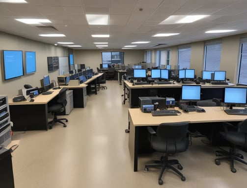 A room with a tiled ceiling and fluorescent lighting contains various electronic and office equipment. On the left, there's a wooden desk with a black server cabinet next to it. In the center of the room, a rack of network cables is visible, organized into a larger unit. To the right, a filing cabinet is mounted on the wall, with a printer/copier machine near the foreground. The walls are plain and the floor is covered in white tiles.