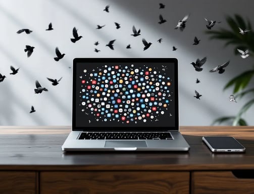 Laptop with Social Media icons, starling birds flying around.