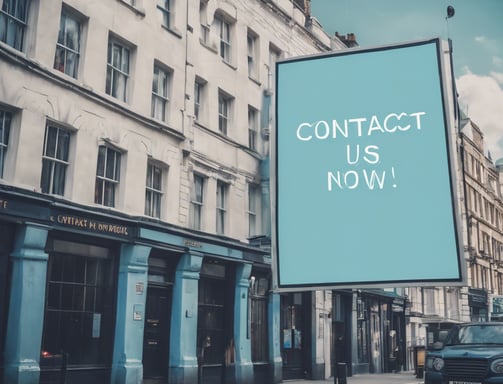 Two identical advertisement billboards display a man and a woman holding smartphones with broad smiles on their faces. Between them is an image of a smartphone with a pair of earbuds. The background is a dark blue, and the ads are placed outdoors with greenery visible behind.