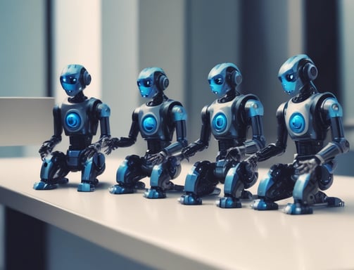 Four small,  robot figures are sitting in a row, each with a laptop in front of them. They have round bodies and blue accents, with 'AI' displayed on their chests. The background is minimal and light gray, emphasizing the robots and their computers.