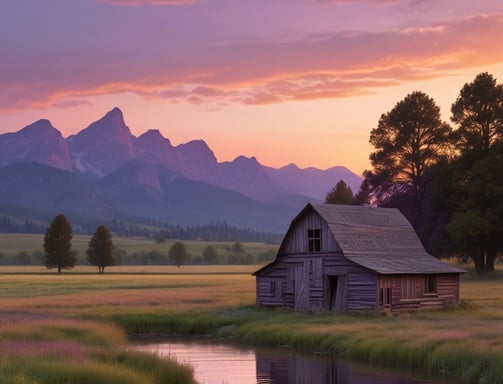 A red barn-like building with large windows is reflected in a tranquil pond surrounded by grass and sparse trees. The building has a large 'R' on its facade and a chimney on one side. Soft exterior lights illuminate the structure, suggesting early evening or dusk.