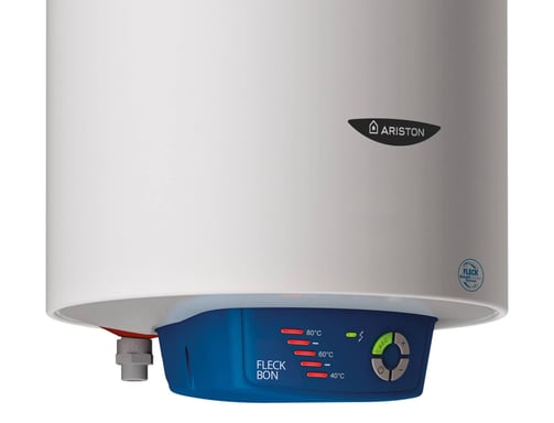 a white tankless water heater with a blue and white tank