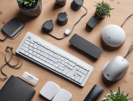 A laptop is placed on a white desk next to a golden thermos. The screen displays audio editing software. On the desk is also an audio mixer connected with various cables, suggesting a workspace for audio or music production. In the background, there are additional electronic devices and wires.