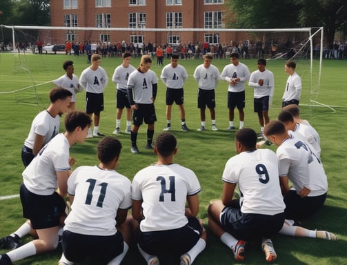 A group of athletes wearing sports uniforms huddles on a grassy field, likely preparing or strategizing for a game. The players are surrounded by additional team members or coaches wearing black jackets. A goalpost and net are visible in the background, along with a brick building.